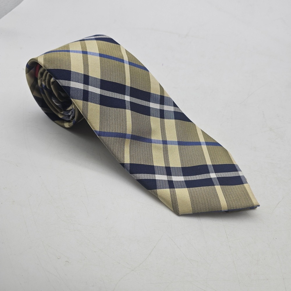 Chaps‎ Tie Mens Gold Blue Tartan Plaid Check 100% Silk Classic Necktie Woven